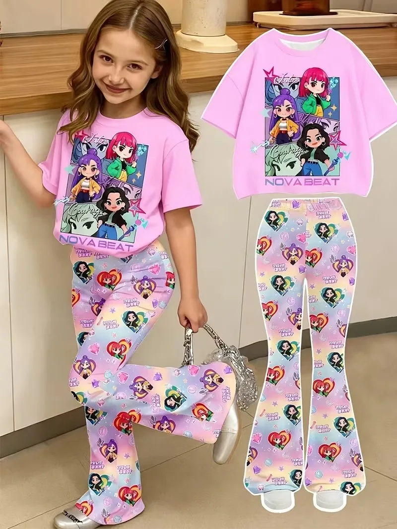 Ensemble pantalon 2 pièces Kpop Nova Beat Girls, t-shirt graphique rose et leggings évasés en forme 