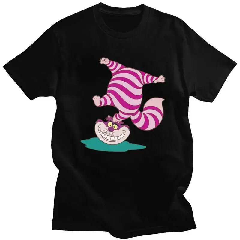 alice in Unique  wonderland T-shirts Slim Cotton Tee Tops Cheshire Cat Animation Tshirts Men Short Sleeve Print T Shirt