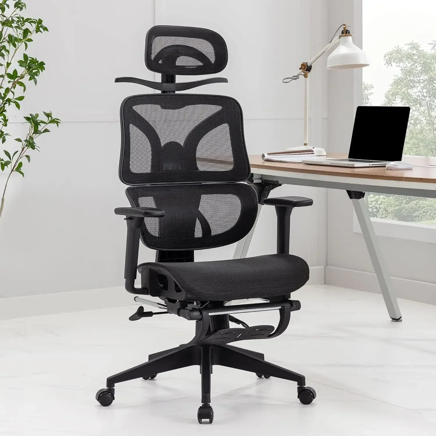 

%a Ergonomic High Back Mesh Office Chair with Retractable Footrest, Adjustable Backrest, Tilt Function, 3D Armrests & Headrest