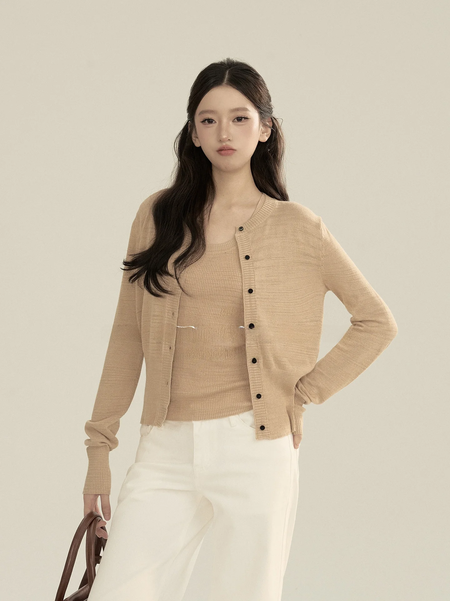 

Ele Early Autumn ort Sve U-Ne Open Cardigan Two-Piece Set Women's Knittedwear OIOI E Lazy ternoon Sle