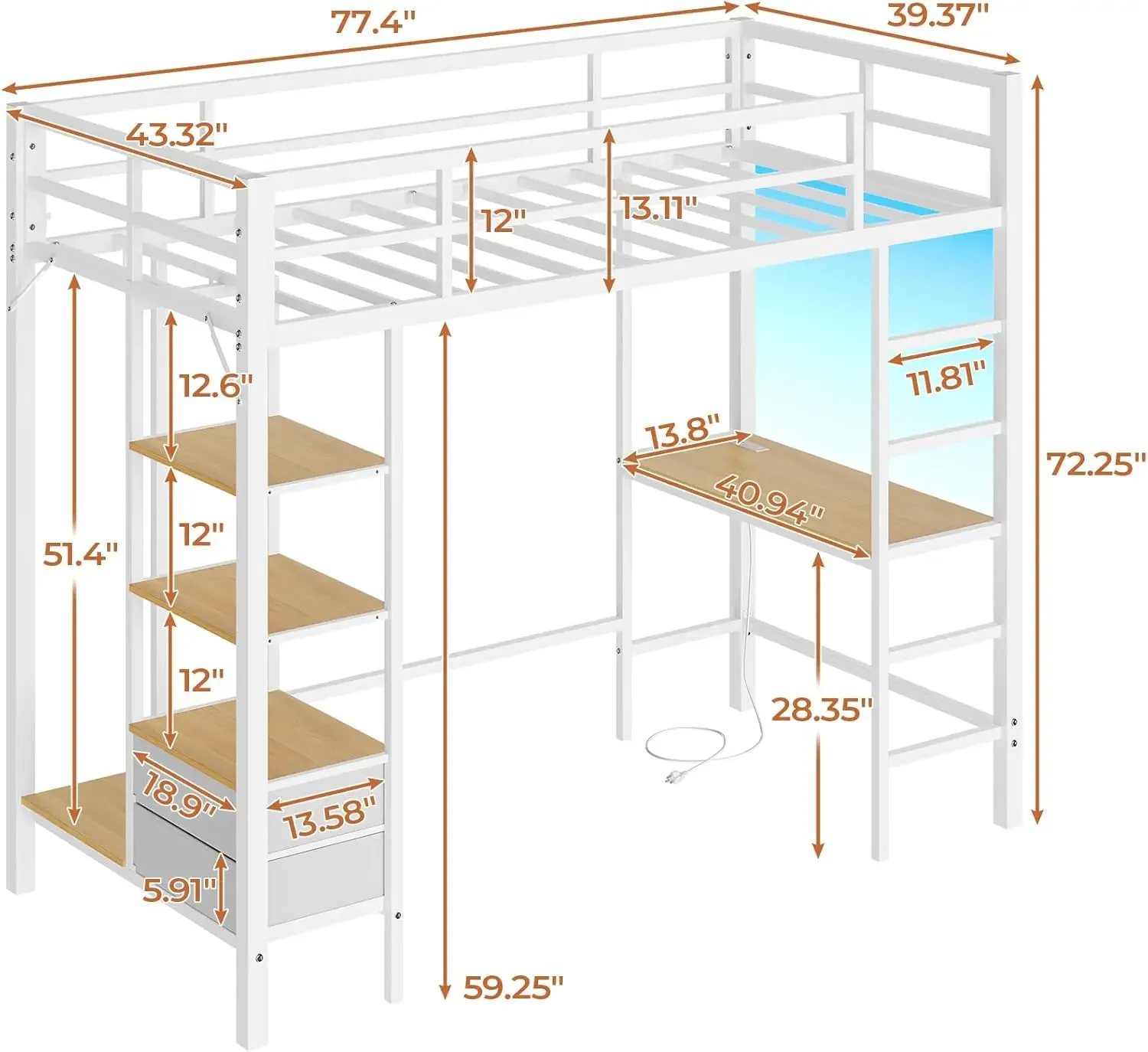 Loft Bed Twin Size with Desk and Charging Station Metal Loft Bed with Led Lights,