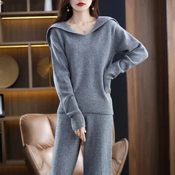 DjzDsm Autumn And Winter New Temperament Wool Wide Leg Trouser Suit Women Loose Fashion With Navy Collar Knitted Wool Suit