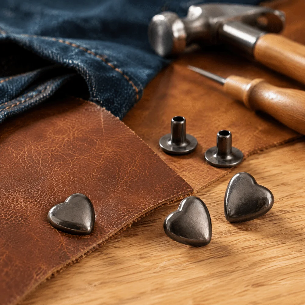 30 Pcs Count Gunmetal Color Heart Shape Rivets 8mm Size Tubular Type Double Layer Studs Screw Back Double Cap Rivets