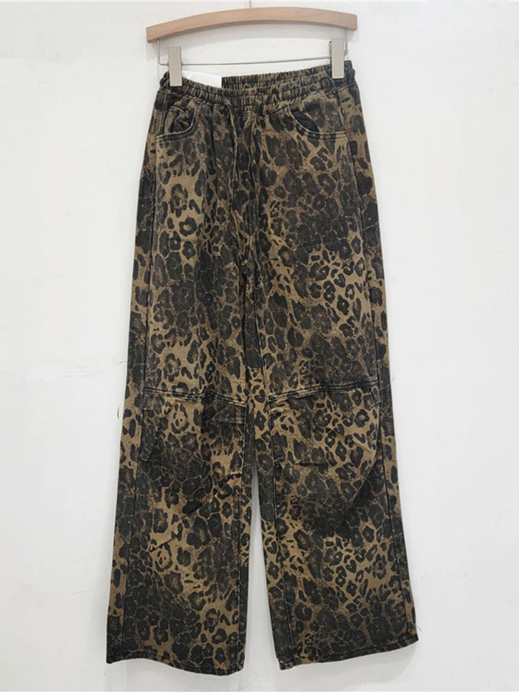 DAET-Jean droit à motif léopard pour femme, pantalon en denim, taille haute élastique, jambe large, nouvelle mode automne 2024, 33A1824