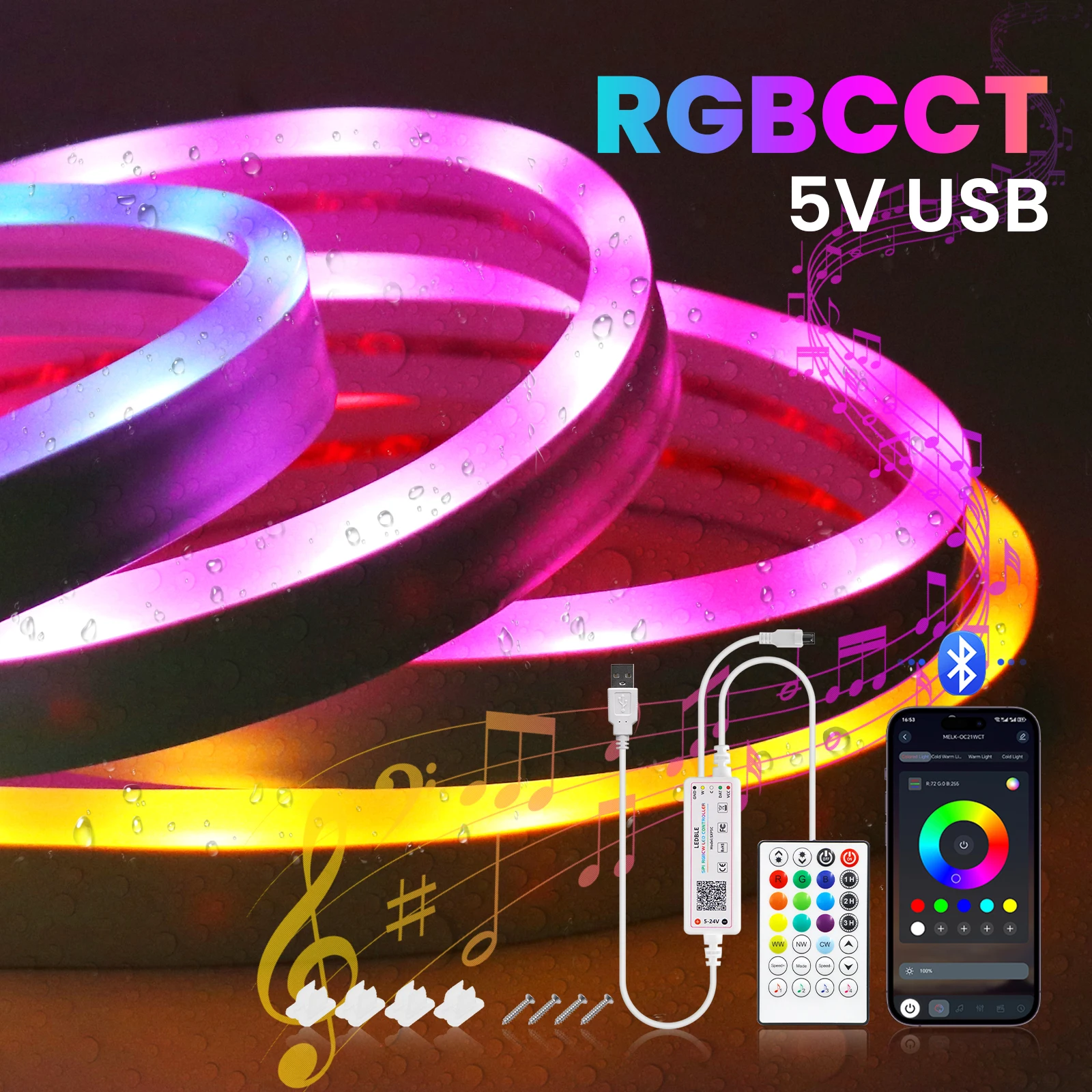 5V USB RGBCCT WS2812B Neon Light Bluetooth Smart RGB Addressable Flex Neon Tape 5050 2835 Waterproof LED Strip Light Backlkight
