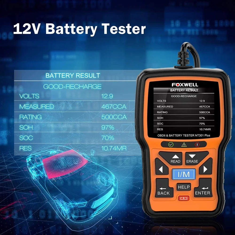 FOXWELL NT301 Plus OBD2 Automotive Scanner 12V Battery Tester Engine Check Code Reader Battery Charging Cranking System Test