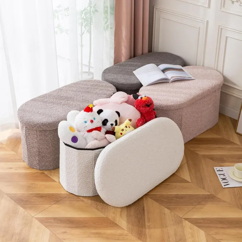 Multifunctional Oval Storage Stool Living Room Cloth Folding Teddy Velvet Lazy Sofa Shoe Changing Bench
