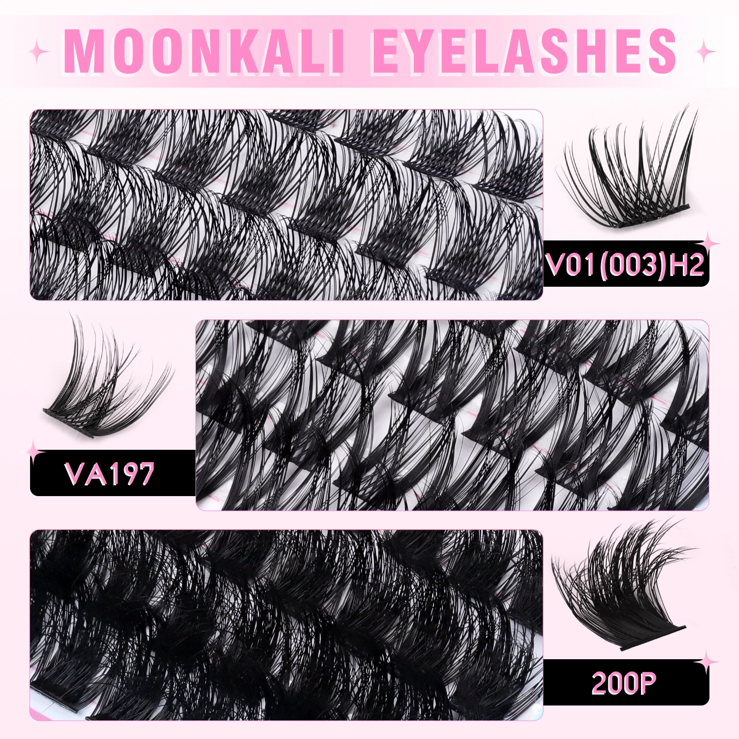 Kit de grupos de pestañas MOONKALI, volumen 3D y pestañas finas, juego de extensiones de pestañas naturales DIY con pegamento y pinzas, grupo de pestañas