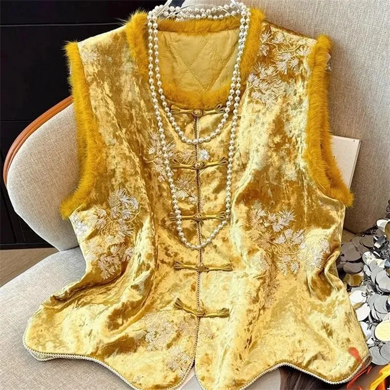 

Chinese Style Sleeveless Vest with Cotton Padded Spring and Autumn new Fashion Retro Embroidery Temperament Loose Joker Coat