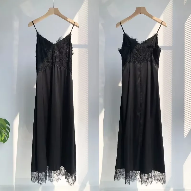 French Sand-Washed 100% Mulberry Silk Slip Dress Elegant Lace Long Dresses Midi Dress Women's Sexy V Neck Casual Loose Gowns