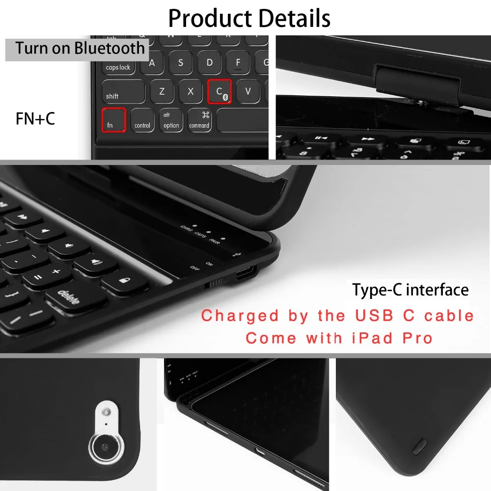 Funda para Teclado de 3. ª generación de 2018 pulgadas, cubierta para teclado bluetooth, teclas de retroiluminación arcoíris, 12,9 giratoria, 360, flpi, para iPad Pro 180