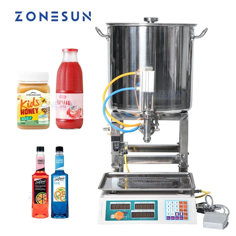 

ZONESUN 50-2500g Honey Weighing Filling Machine Semi-Automatic Viscous Paste Ketchup Salad Dressing Palm Oil Bottle Filler