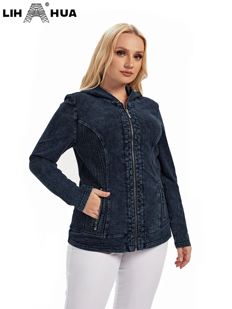 LIH HUA Women\'s Plus Size Denim Jacket Fall Casual High Stretch Hoodie Cotton Belt Pocket Knit Jacket