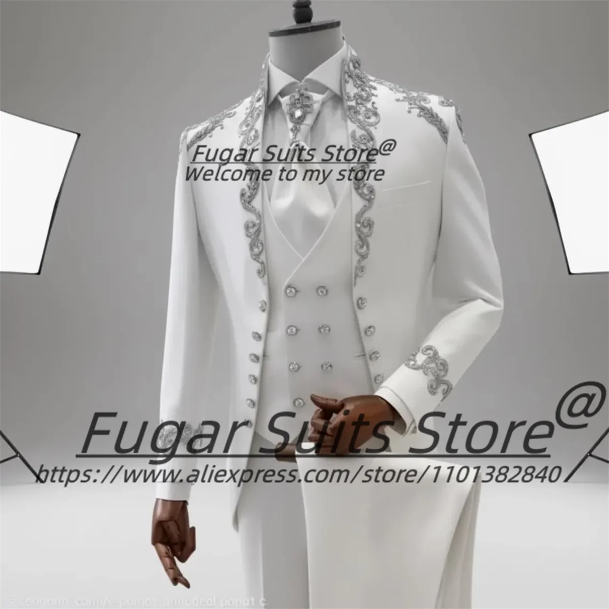 White Elegant Men Suits Customized Slim Fit Stand Collar Groom Wedding Male Party Blazers 3 Pieces Sets Formal Costume Homme