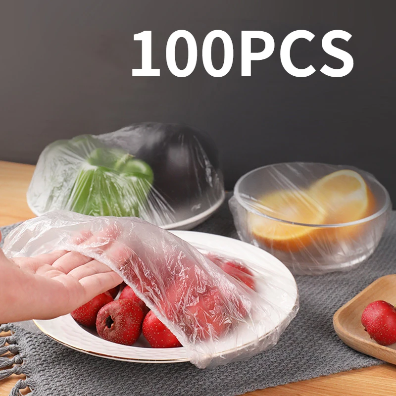 50/100PCS Disposable Food Cover Plastic Wrap Cups Caps Storage Elastic Food Cover For Fruit Bowl Kitchen Fresh Keeping Saver Bag