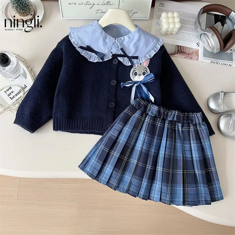 Girls' Autumn Clothing Suits New Preppy StylejkPleated Skirt Rabbit Officer Cardigan Sweater Shirt Three-Piece Set