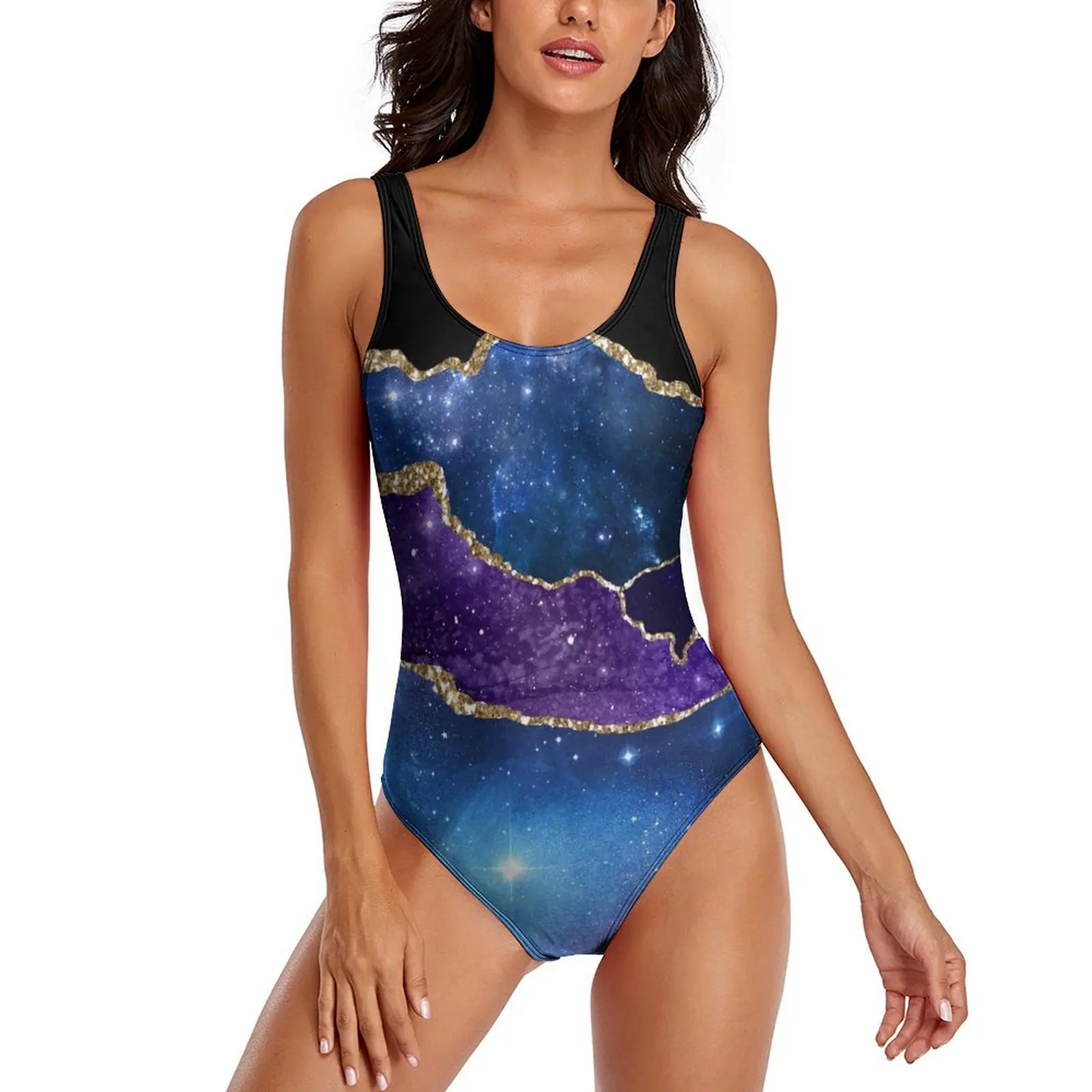 Gold Glitter Marble Swimsuit Purple Teal Print Swimwear One-Piece Beach Bodysuit Cut Out Bathing Suit Ladies Push Up Beachwear