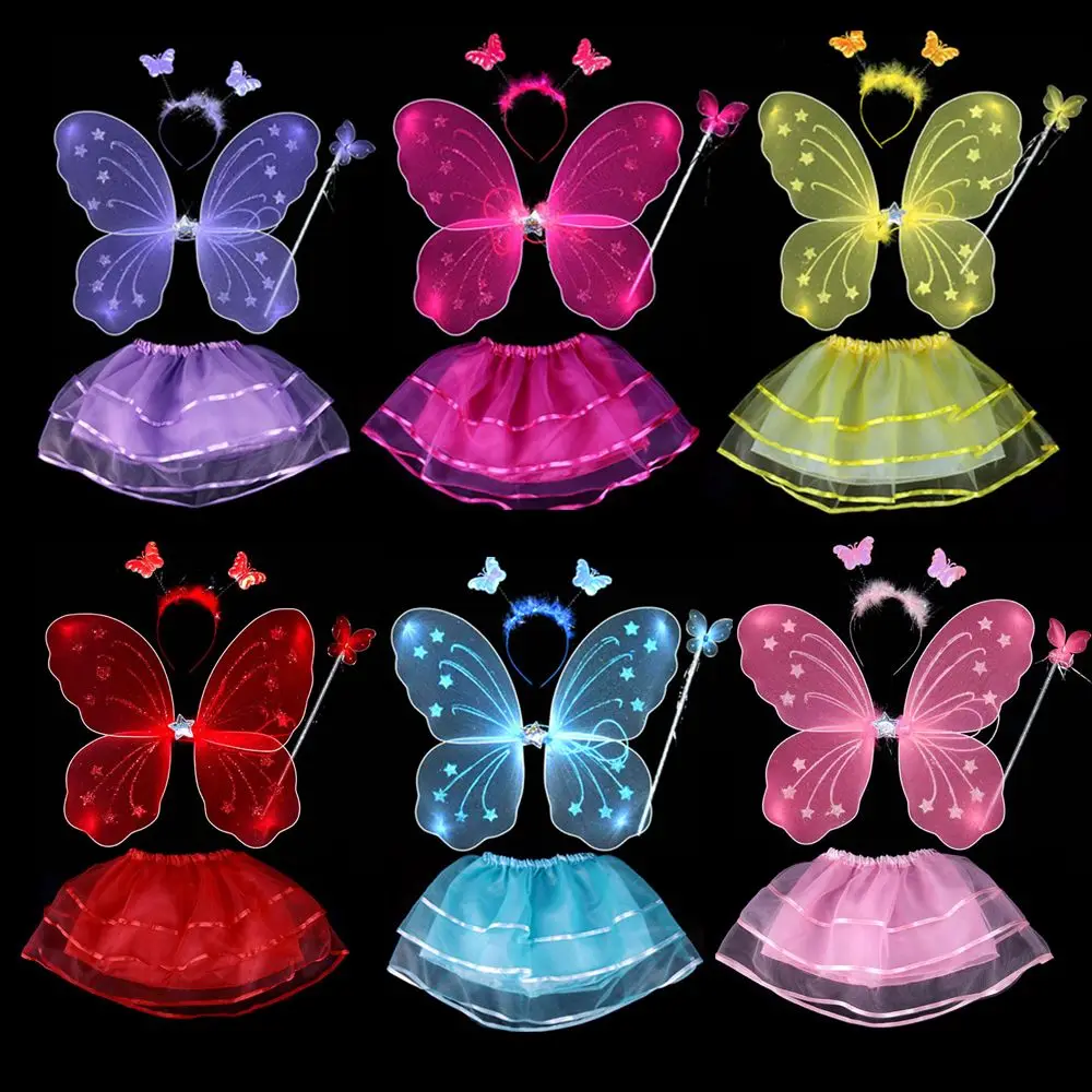 4Pcs Colorful Kids Girls Fairy Princess Costume Sets Stage Wear Butterfly Wings Wand Headband Tutu Skirts