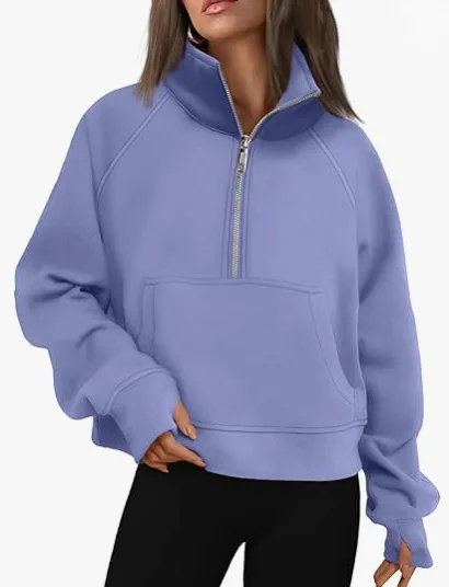 Damen Neue Half-Zip Kurze Reine Farbe Fleece Hoodie Stehkragen Jacke Lässig Bequeme Streetwear