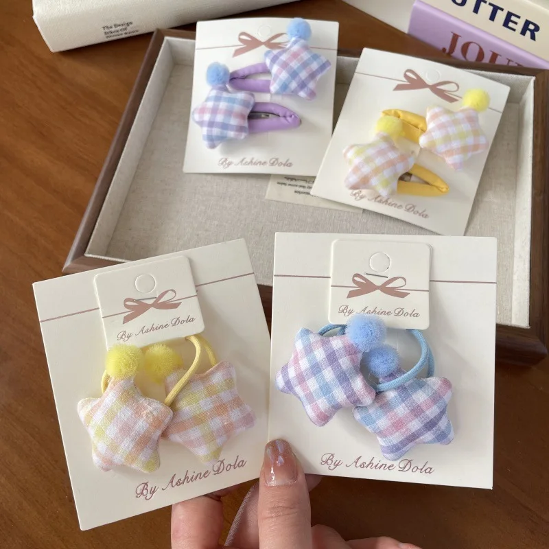 

New Arrival Color Block Plaid Korean Style Star Yarn Ball Pair BB Hair Clips Ropes Sweet Hair Accessories for Teenagers Kids