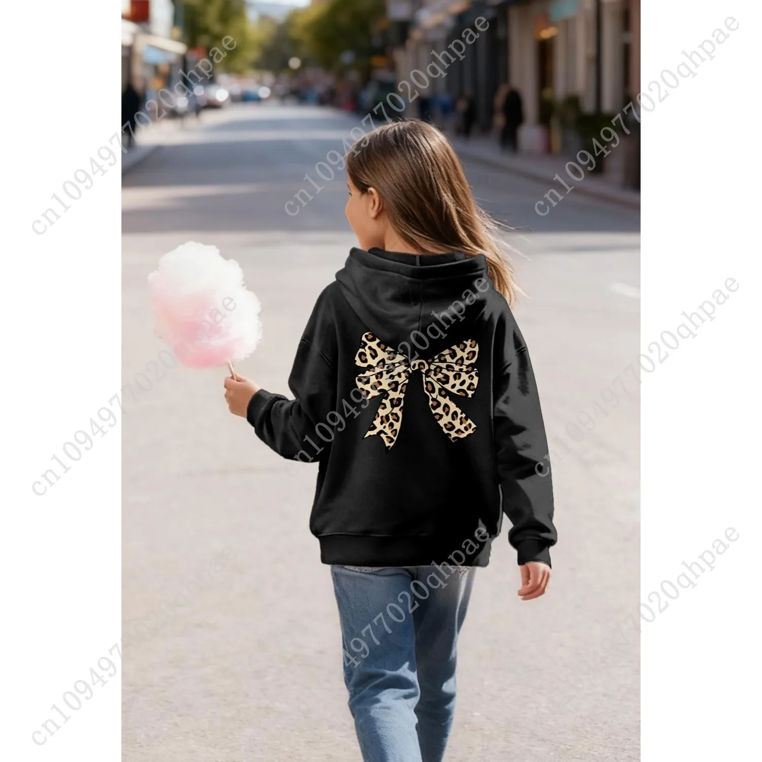 Girl's Bow Leopard Hoodies Cheetah Graphic Long Sleeve Pullover Tops Preppy Cute Sweatshirts Hoodies