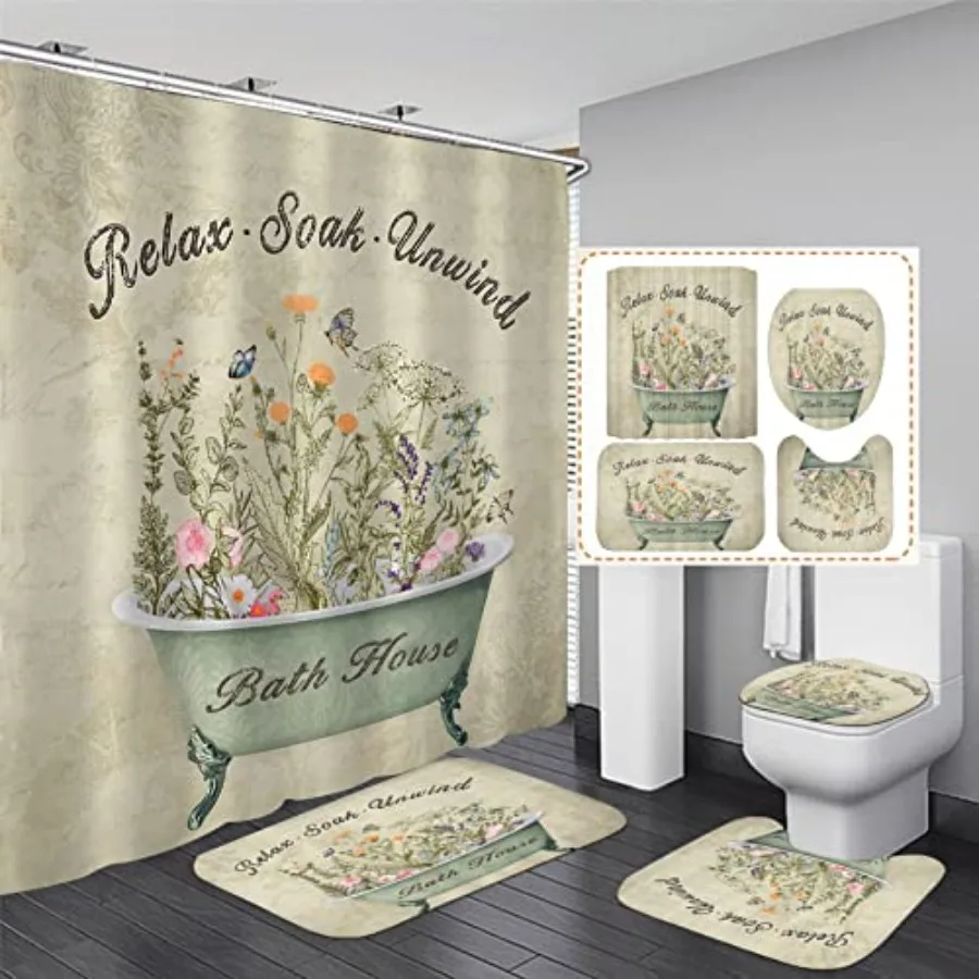 

4 Pcs Green Floral Shower Curtain Set Vintage Flowers Leaves Bathroom Sets with Shower Curtain and Rugs Rustic Plant Farmhouse