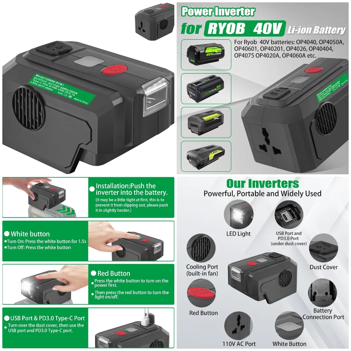 

Power Inverter for Ryobi 40V Battery, 200W DC 18V to AC 110V with USB & Type C PD3.0, LED Light (Inverter Only)