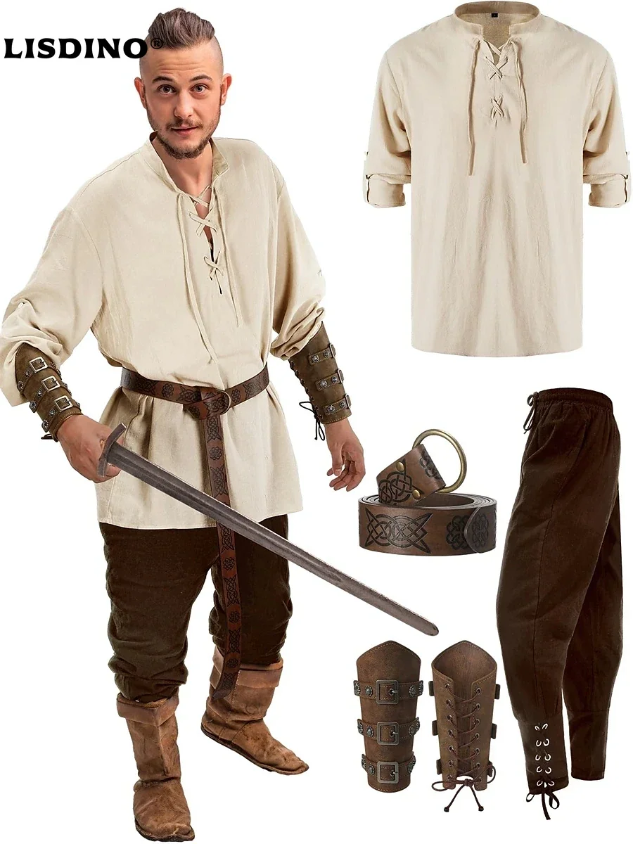 

1Retro Vintage Medieval Renaissance Pants Outfits Waist Belt Shirt Arm Guards Pirate Men's Cosplay Costume Halloween