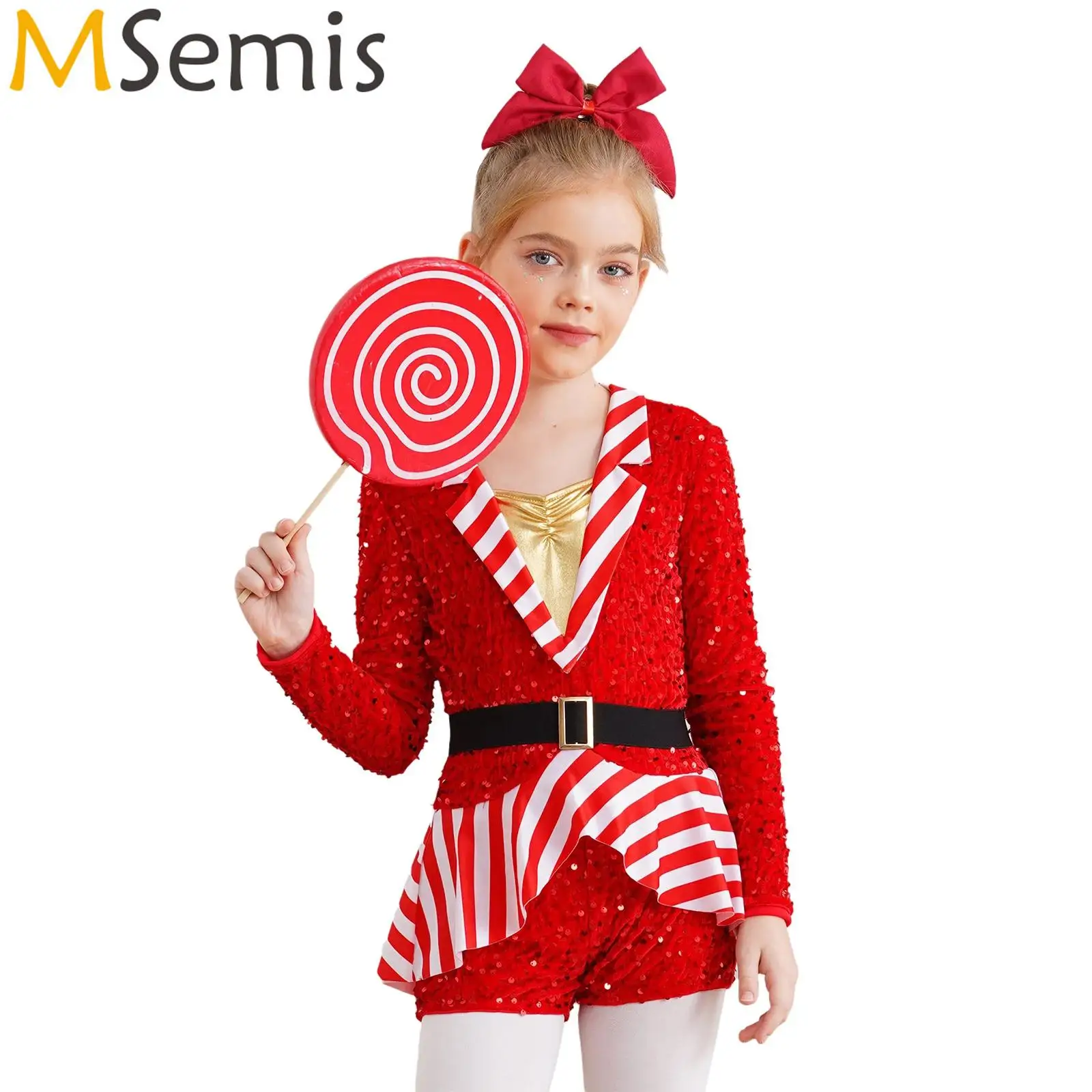 Kids Girls Christmas Santa Claus Dance Outfit Long Sleeve Gymnastics Leotard Figure Skating Dance Jumpsuit Candy Cane Costume