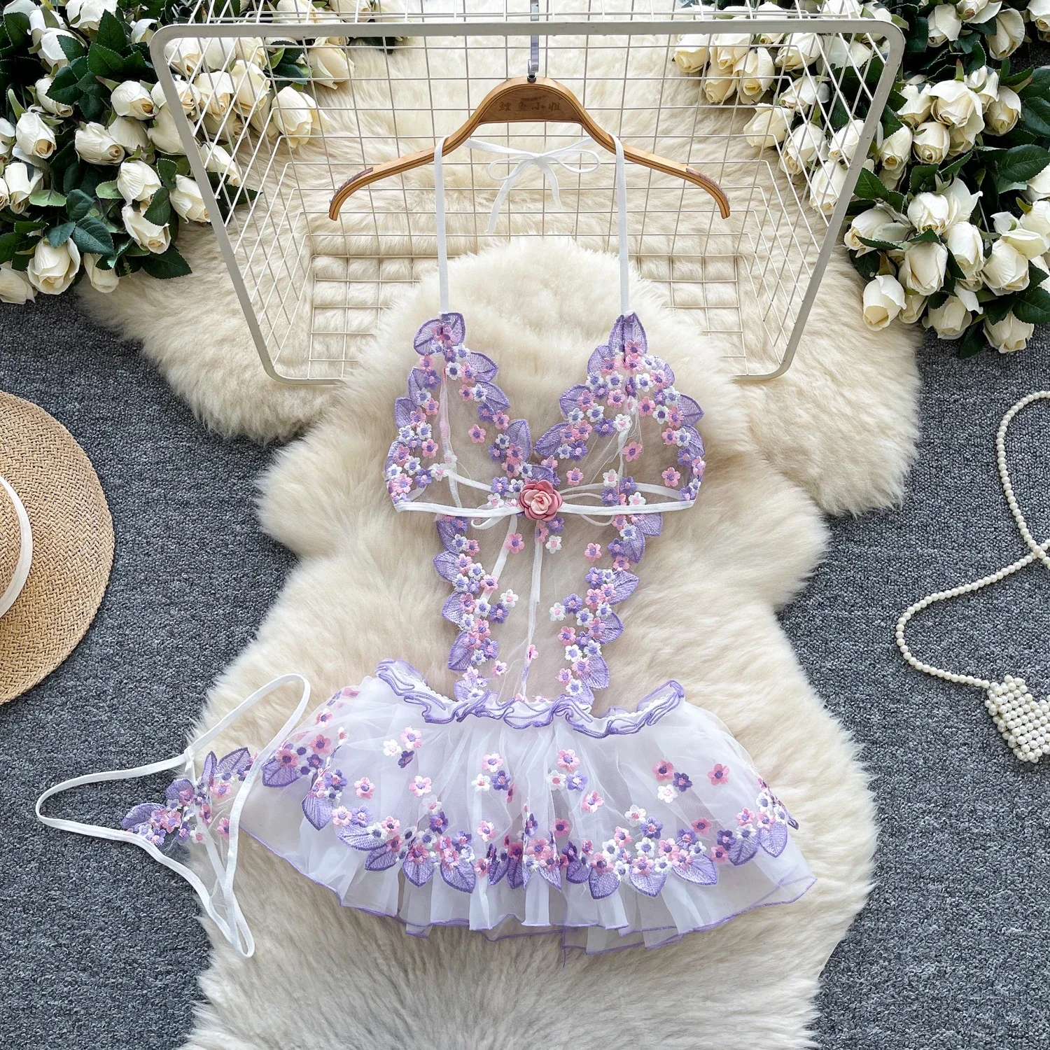 Vestido erótico bordado Halter Floral sin espalda malla transparente Mini camisón Japón ahueca hacia fuera Cosplay porno trajes sexys