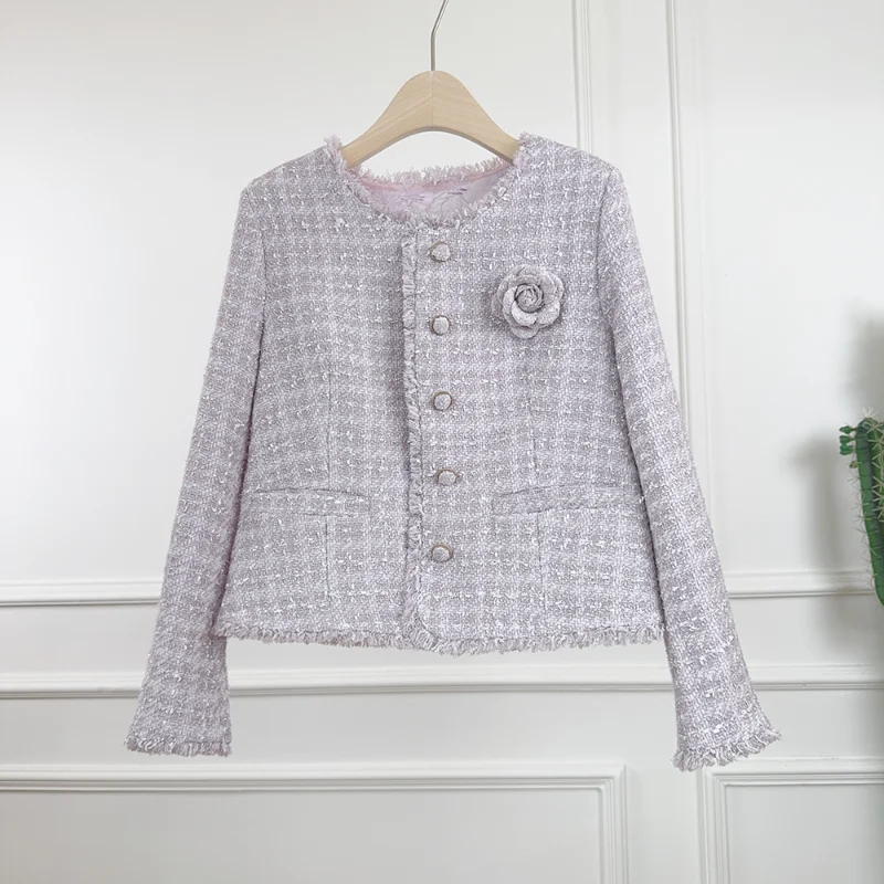 

Light Purple Round Neck Sweet Fragrance Autumn Winter Coat Women Fashion Single-breasted 3D Tweed French Office Lady Jacket