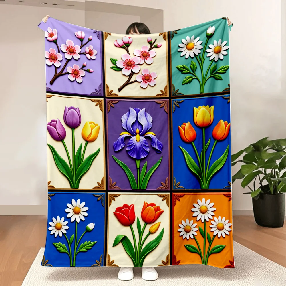 1PC Floral Patchwork Print Blanket — Made of soft plush flannel, perfect for sofas, beds, or recliners. Ideal for home decor and