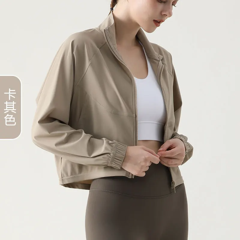 Chaqueta deportiva de protección solar para mujer, diseño fino, cuello alto, transpirable y ajustada, Verano