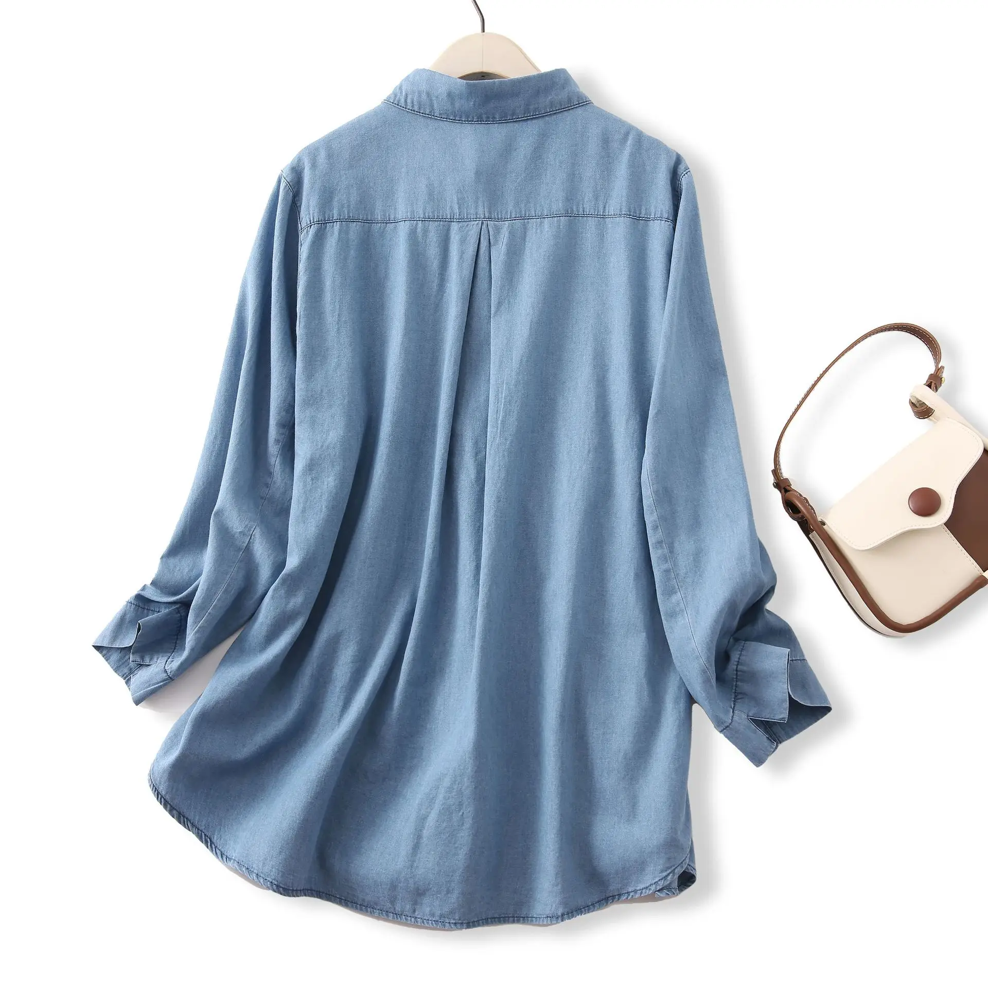 New 2025 Autumn Long Sleeve Denim Shirt, Women Turn-down Collar Folds, Mori Girl French Retro Versatile Loose Blouse T59949CC