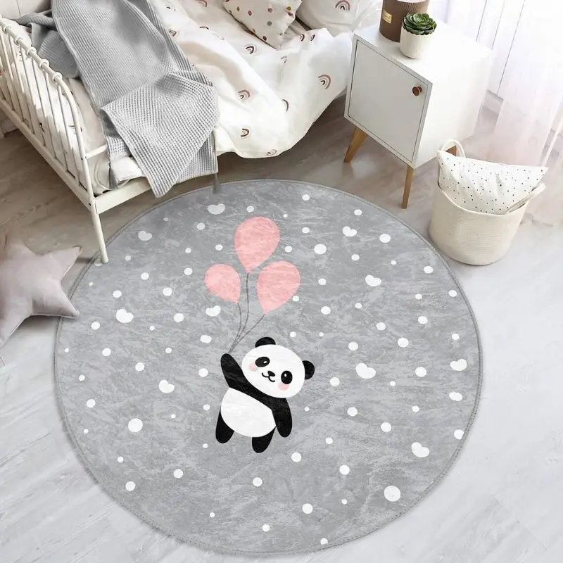 Panda Plush Baby Bedroom Beside Rug,Gray Kids Rug,Round Fluffy Carpet For Living Room,Hairy Nursery Play Mats For Children