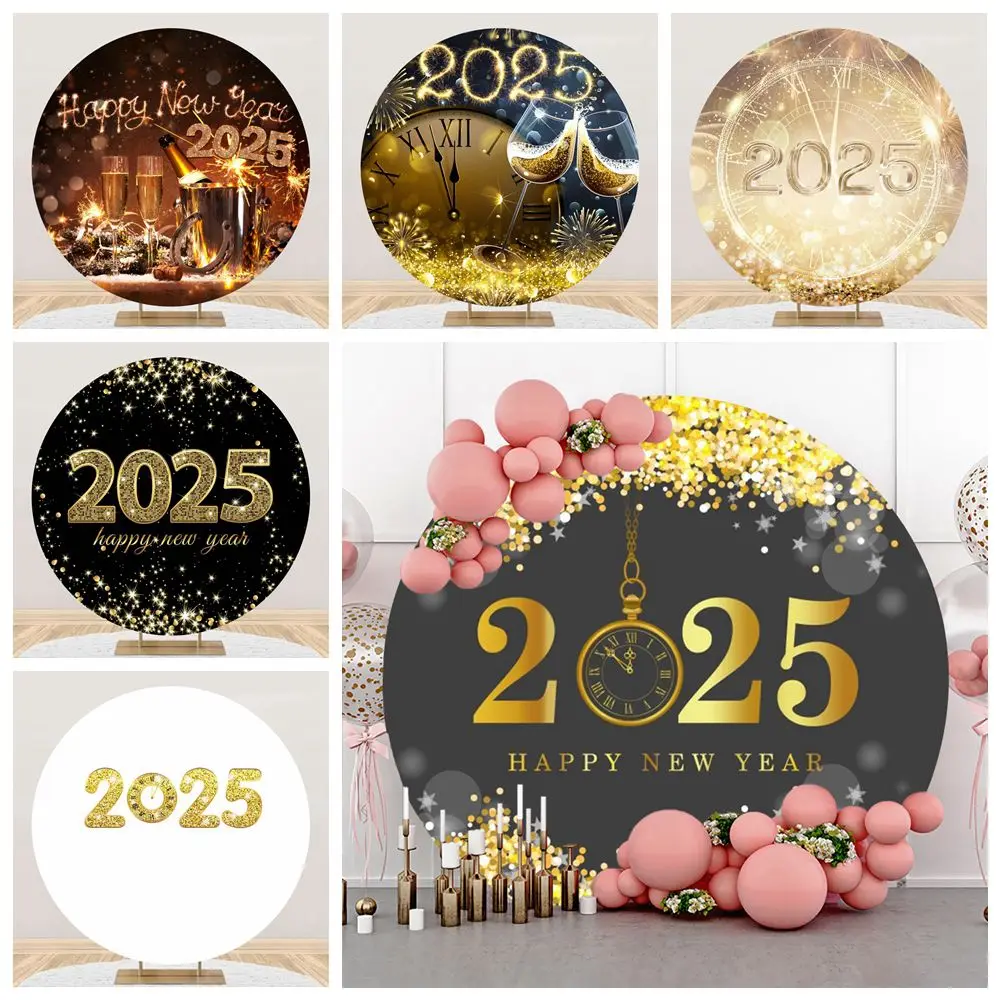 2025 Happy New Year Round Background Cover Black White Gold Glitter Clock Family Party Circle Photography Background Decor Prop