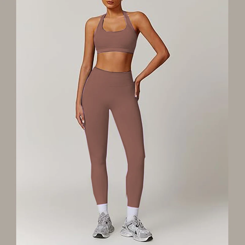 กางเกงเลกกิ้งยกกระชับสะโพกสำหรับผู้หญิง 2 ชิ้น พร้อมสปอร์ตบราแบบกระชับสูง