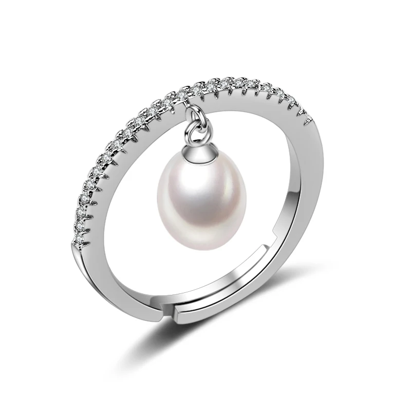 Bagues en perles d'eau douce véritable pour femmes, bague en argent Sterling avec perles ouvertes en Zircon cubique, réglable, cadeau d'anniversaire pour maman et femme, blanc