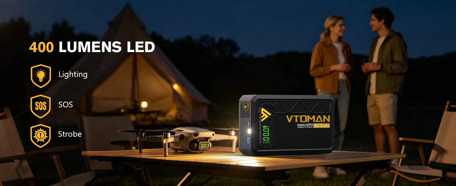 VTOMAN X5 Cross 5-in-1 Auto-Starthilfe 3500A Tragbare Autobatterie-Starthilfegerät mit Eingebautem 150PSI Luftkompressor Powerbank LED-Notlicht für Benzin- und Dieselautos – Detail 5