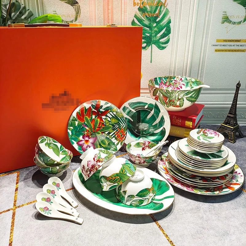 

Tropical Rainforest Series Western Food Plate Rice Bowl Chopsticks Spoon Soup Pot Tableware Set Wizard of Oz Bone China Dish Set
