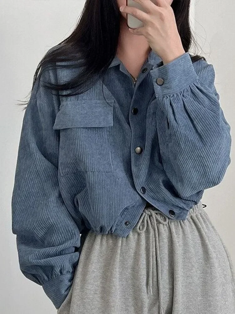 Women Vintage Corduroy Cropped Jacket Korean Fashion Long Sleeve Drawstring Blouses Female Loose Single Breasted Coats Cardigan