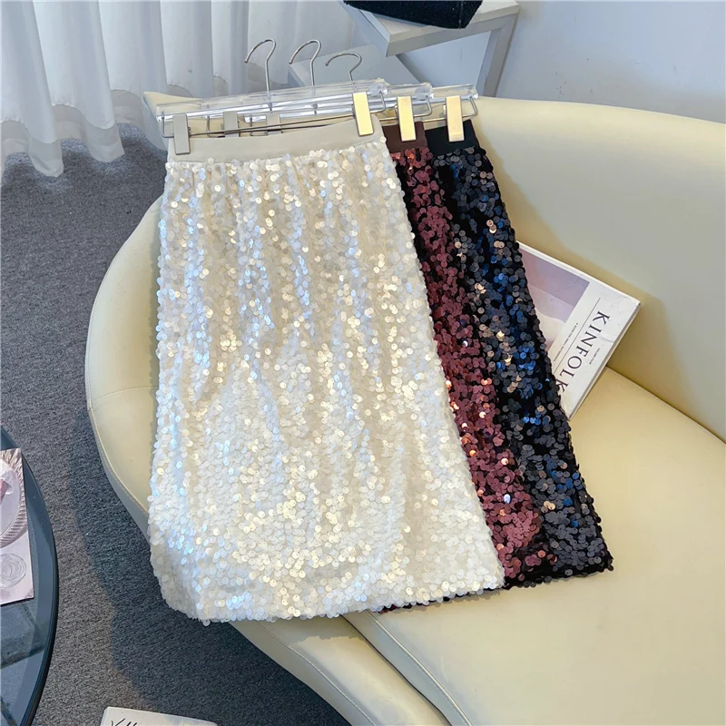 

Spring New Trend Sequined Rear Fork Sexy Skirt Women's Elastic High Waist A-Line Sweet Midi Skirt Beautiful Versatile Skirts