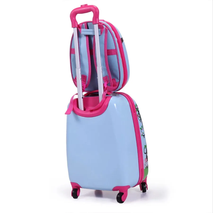 Juego de equipaje de 2 piezas, mochila de 12" y estuche giratorio de 16" con 4 ruedas universales, maleta de viaje para niños y niñas, azul claro con Anim