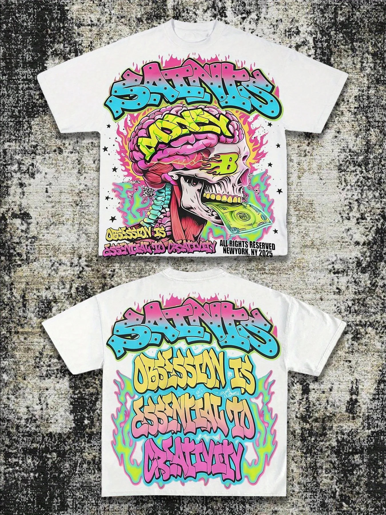 

Men's Neon Saints T-Shirt, Skull Brain and "Obsession is Essential to Creativity" Slogan Fluorescent Y2K Design T-Shirt