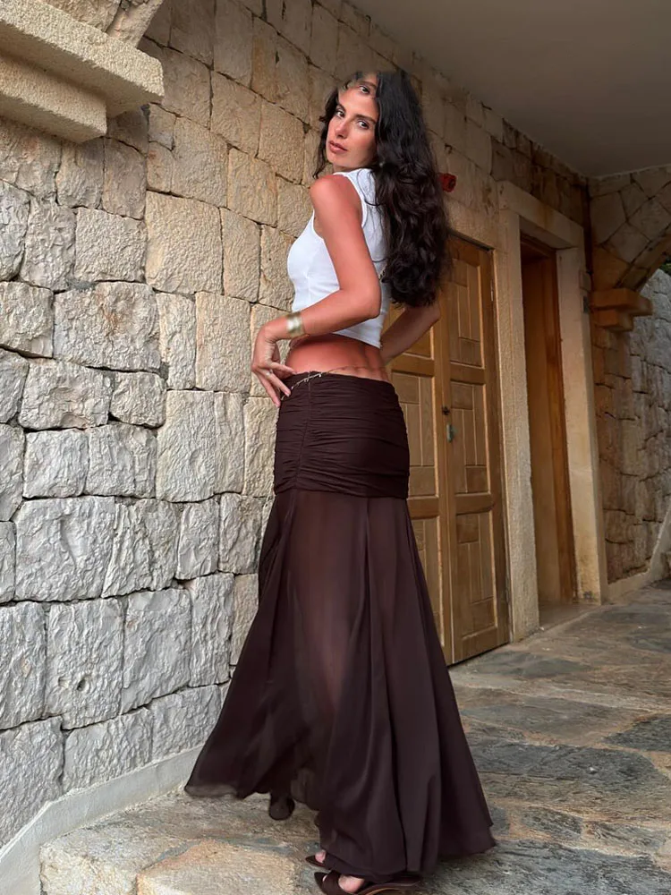 HH Women Summer New Fashion Vintage Translucent Pleated Design Midi Skirt Female Elegant Side Zipper A-line Long Skirt Mujer