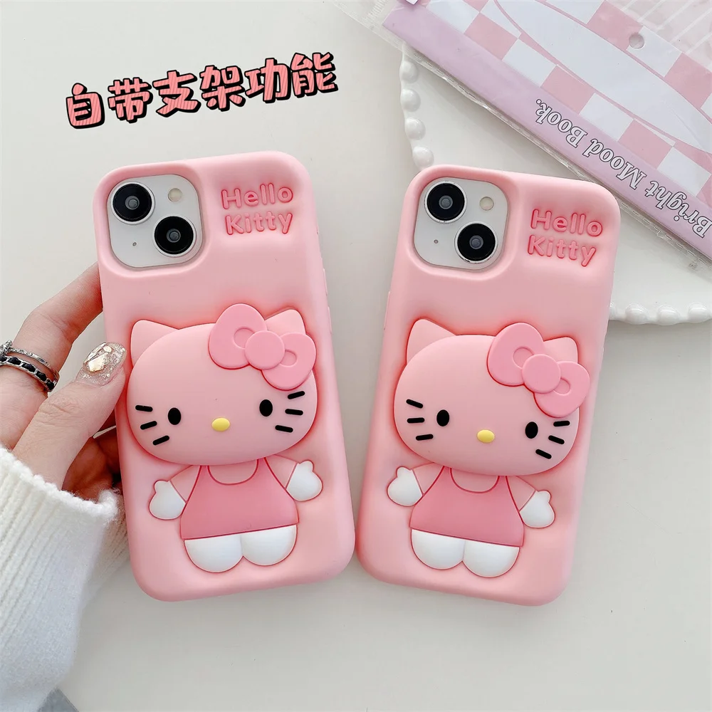 For iPhone 16 Pro Max 15 14 13 12 11  Pro Max 16 Plus 3D Cartoon Pink Hello Kitty Phone Case Cute Pop Holder Silicon Soft Cover