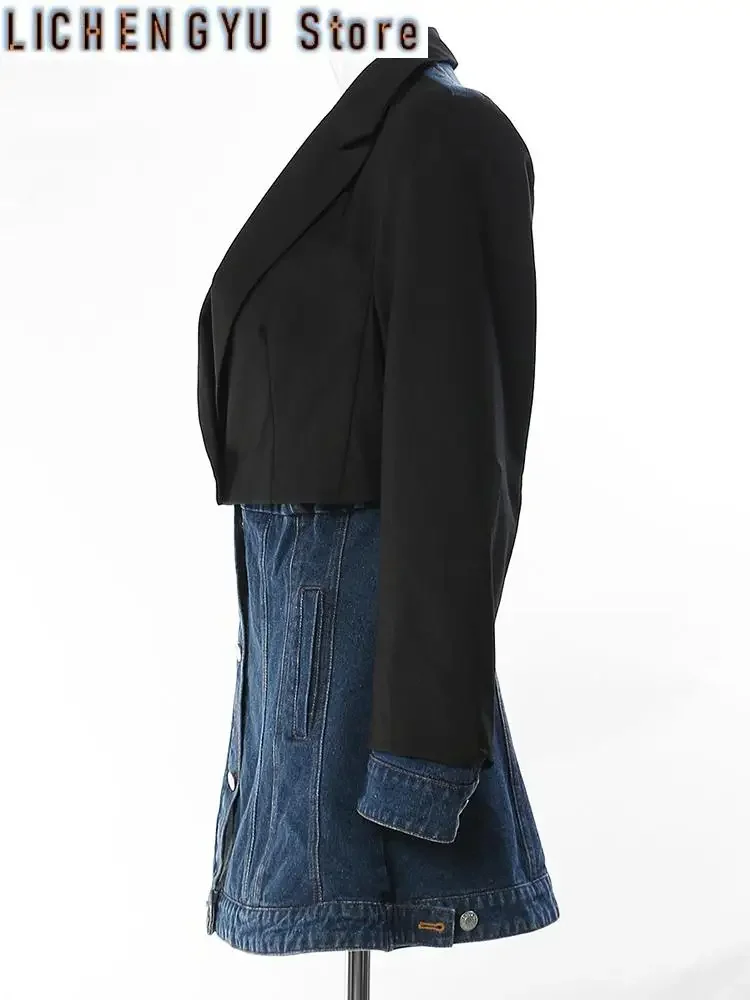 Women Blue Denim Color-block Long Blazer New Lapel Long Sleeve Loose Fit Jacket Fashion Tide Spring Autumn