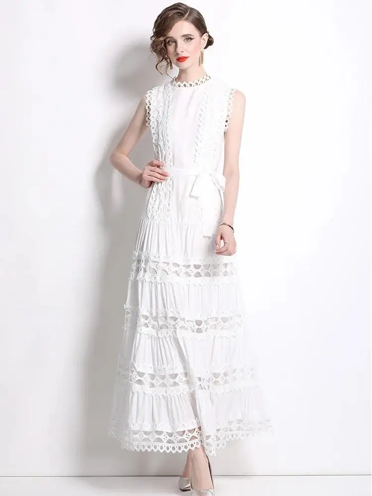 الصيف الدانتيل تقسم التطريز الدانتيل يصل حزام مساء رداء فستان المرأة بلا أكمام الجوف خارج الصلبة طويلة ملابس حفلات الزفاف