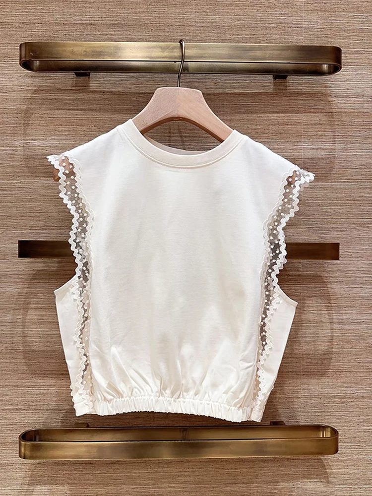 

Spring Summer 2026 Lace Trim Mesh Splice Sleeveless Waist Cinched round Neck T-Shirt Women's Luxury Style Loose Fit Cotton 100%