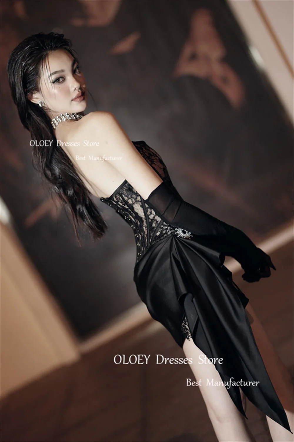 OLOEY Sexy Black Mini Evening Dresses Photoshoot  Strapless Embroidery Lace Prom Dress Custom Wedding Party Formal Occasion Gown